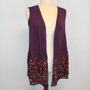 Lori Goldstein Sleeveless Cardigan Top Size XS Plum Modal Floral Chiffon Trim
